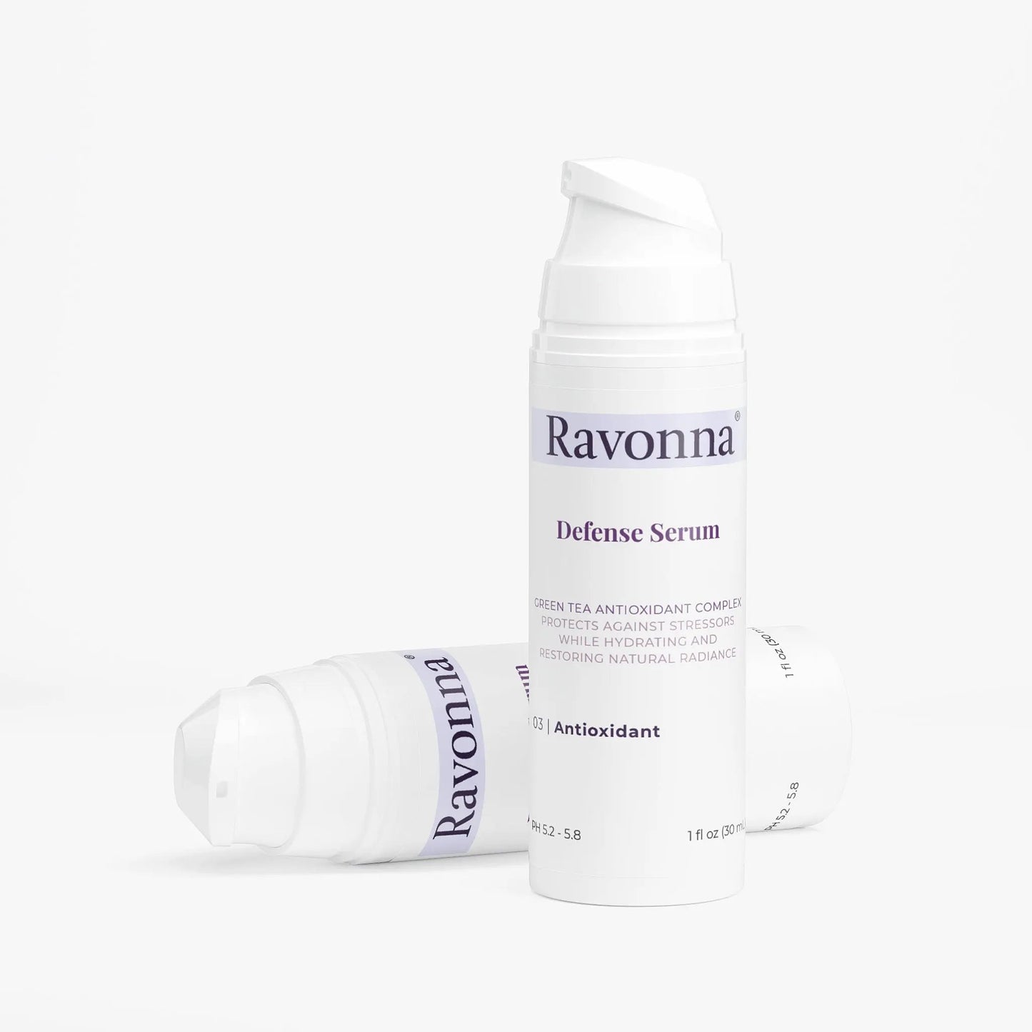 Defense Serum and cap displayed on minimal background – Ravonna