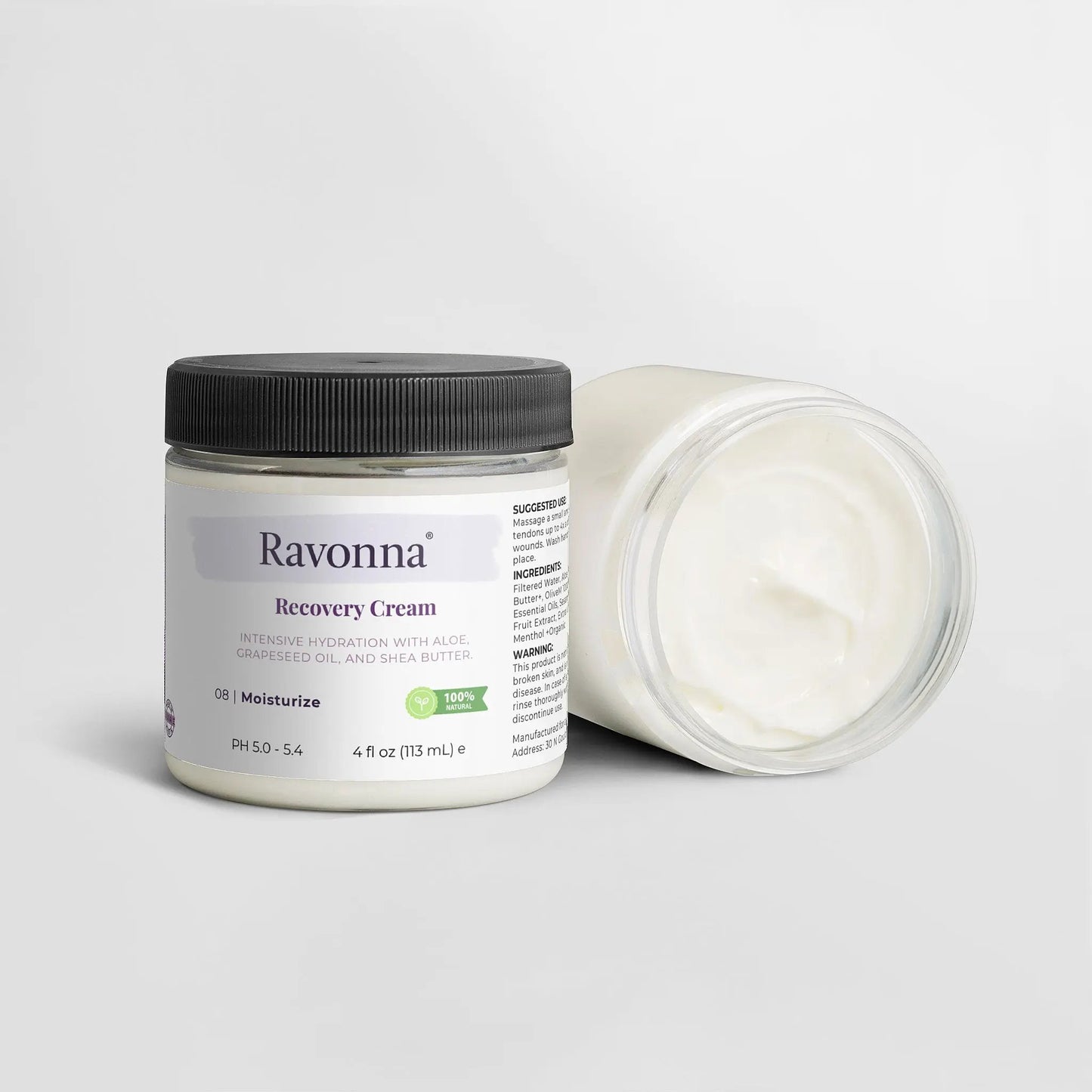 Recovery Cream open jar with white soothing cream – Ravonna