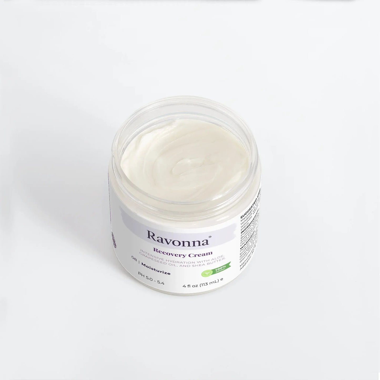 Open Recovery Cream jar showing texture – Ravonna