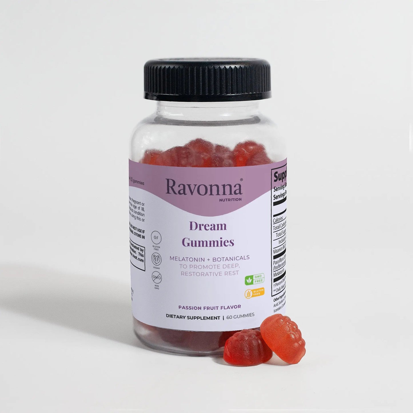 Dream Gummies bottle and gummies displayed on minimal surface – Ravonna