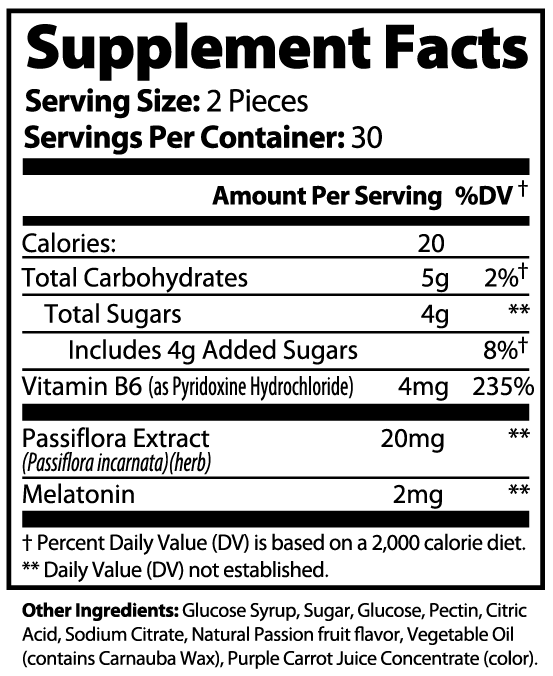 Supplement Facts label for Dream Gummies – Ravonna