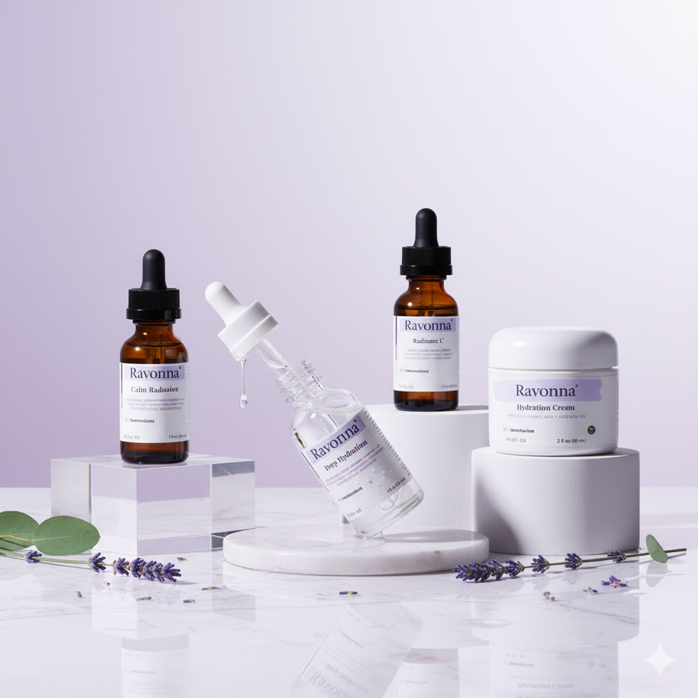 Ravonna skincare products including bottles and a dropper on a light purple background with lavender flowers.
