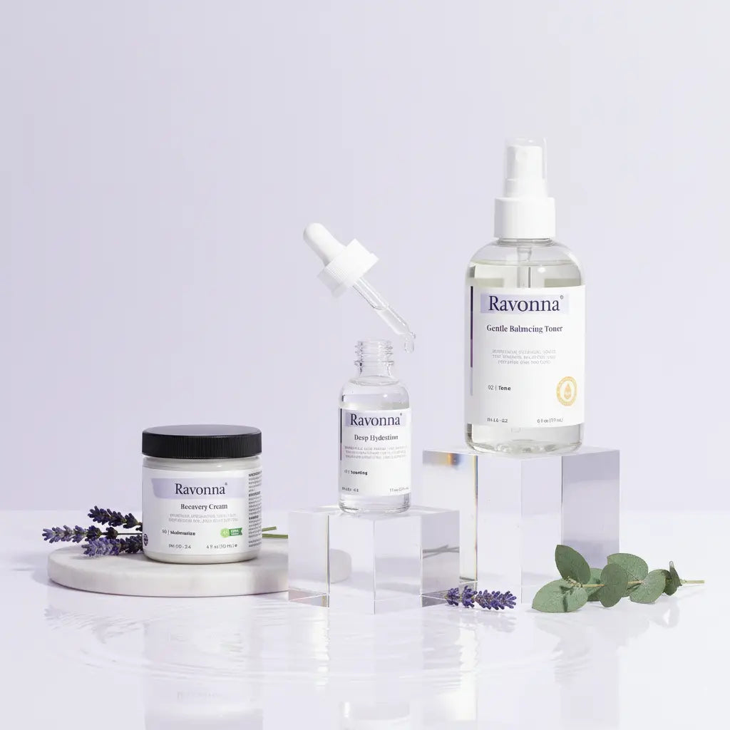 Ravonna skincare products including a jar, bottle with dropper, and other bottles on a light gray background.